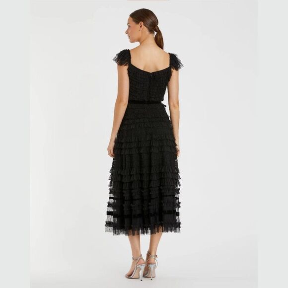 Mac Duggal 8054 Size 10 Black Ruffle Cap Sleeve Tiered Ruffled Tulle Midi Dress - Picture 4 of 4